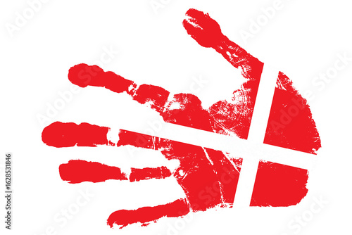 Left palm print with the Danish flag overlay and a white Scandinavian cross on a black background. The aged effect creates a vintage atmosphere. Isolate. Concept of patriotism and national identity.