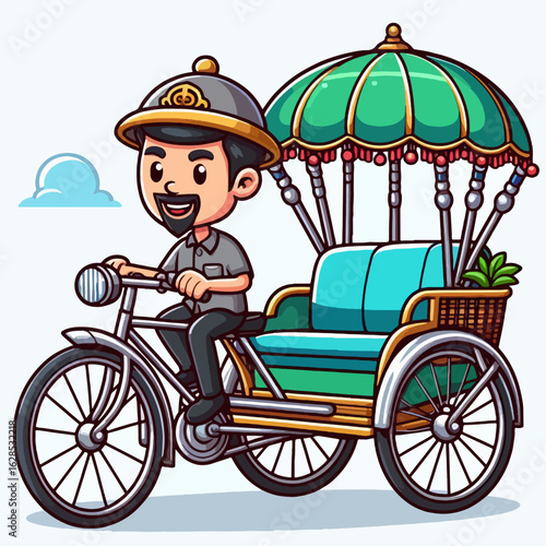 Cartoon drawing of a person riding a traditional rickshaw, designed in a colorful and simplified manner.