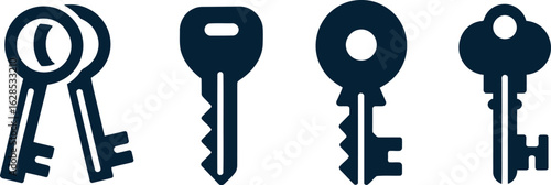 Four silhouette icons of antique and modern keys on a light gray background