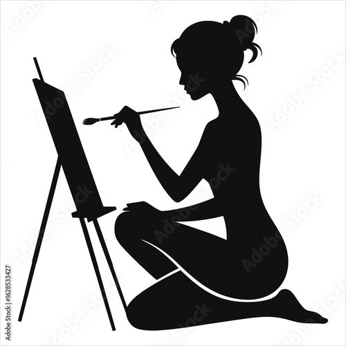 Silhouette of young woman artist kneeling and painting on canvas at easel, black vector illustration of female painter with brush, isolated on white background, concept of creativity and art hobby joy