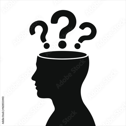"Black Silhouette of Human Head with Question Marks Floating Above - Vector Illustration Symbolizing Confusion, Doubt, Uncertainty, Pondering, Inquiry, Perplexity, or Decision-Making Struggle Concept 