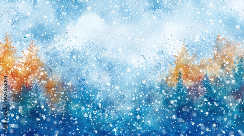 Obraz premium A snowy mountain landscape with trees covered in snow. The sky is blue and cloudy, and the snow is falling, A wonderful winter scene with trees covered in snow and falling snowflakes