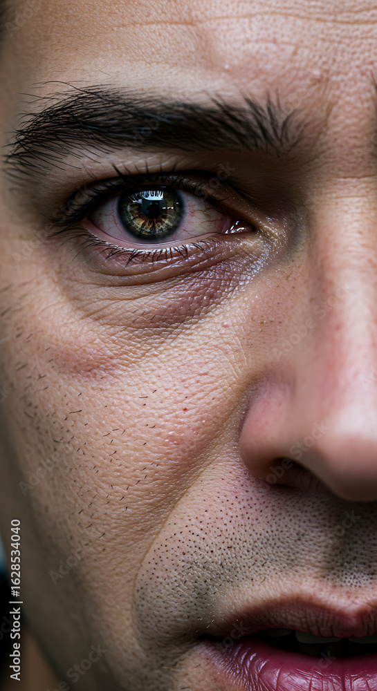 Fototapeta premium Close-up portrait of a man's eye and face, showing detail of skin texture and subtle expression.