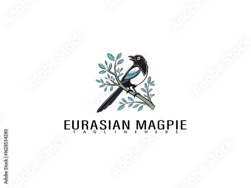 Vector drawing of a Eurasian Magpie perched calmly on a decorated twig with foliage and heart accents, ideal for soft romantic cards, nature-themed packaging, or children's wildlife books.

