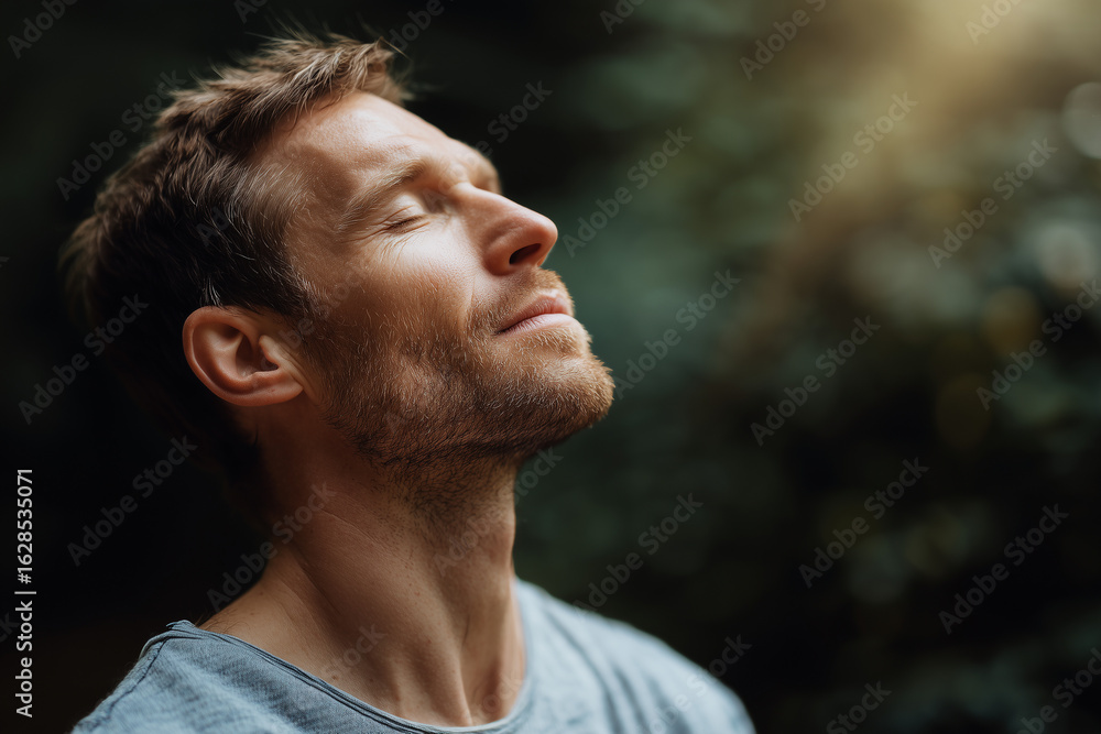 Fototapeta premium Relaxed man enjoying peaceful moment outdoors with eyes closed and serene expression in soft natural light