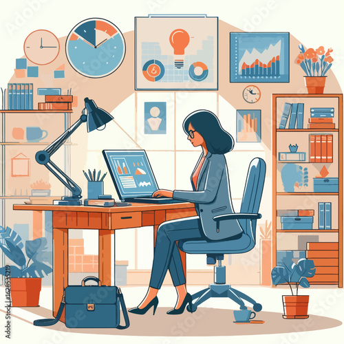 Stylized illustration of a woman working at a contemporary office desk, surrounded by various office supplies and productivity tools.