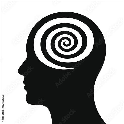 "Black Silhouette of Human Head with Spiral Brain Icon - Vector Illustration Symbolizing Confusion, Hypnosis, Dizziness, Mental Disorder, Vertigo, or Disorientation Concept in Psychology 
