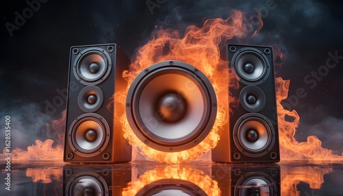 Burning Sound: A visually striking image of audio speakers engulfed in flames, capturing the intensity and power of sound in a unique and dynamic composition.