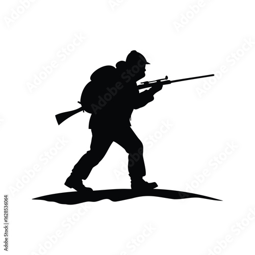 Silhouette of hunter aiming rifle with backpack in black on white background