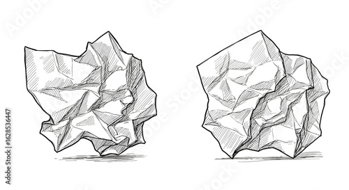 Sketch of two crumpled pieces of paper on transparent background