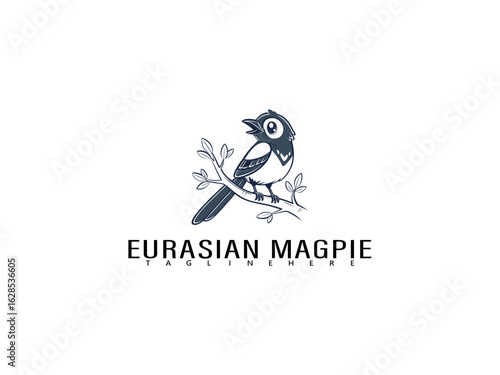 Whimsical Eurasian Magpie perched on a fine branch with floral and love heart icons in cartoon style, perfect for sweet romantic greeting cards or children's wildlife themes.

