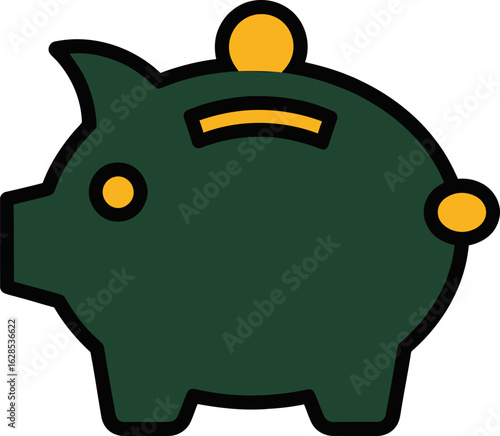 A dark green piggy bank icon with a gold coin being inserted, symbolizing savings, investment, and finance.