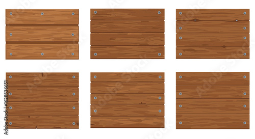 Six wooden planks with screws on transparent background