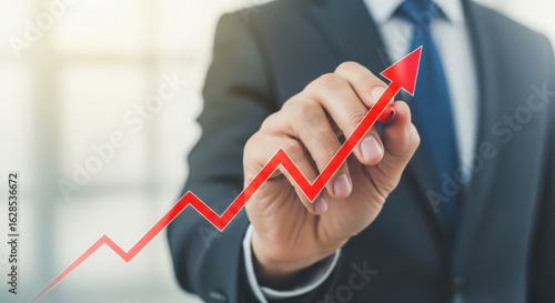 Business Growth A Visual Representation of an Upward Trend, Symbolizing Progress, Success, and Positive Development in the Business World with a Hand Drawing a Red Arrow