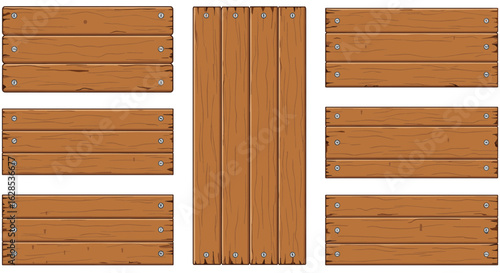 Wooden planks and boards with visible fasteners on transparent background
