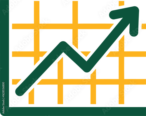 A green arrow on a yellow grid chart illustrates a positive upward trend, symbolizing growth and success.