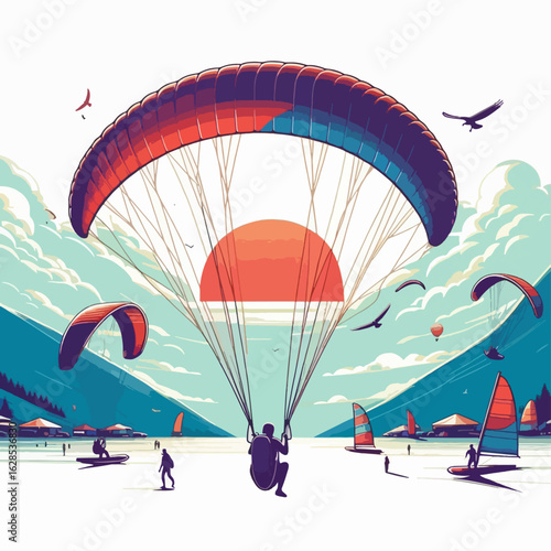 Vibrant artistic illustration portrays a paraglider soaring over a winter scene, featuring silhouettes of people engaging in various winter sports.