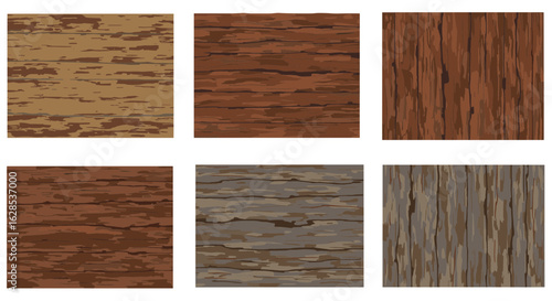 Six wood texture samples in various colors and patterns on transparent background