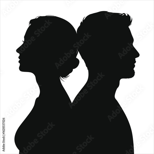 Couple silhouette in conflict. Man and woman profiles back to back, looking apart. Concept for relationship problems, disagreement, divorce, or separation. Minimalist vector illustration.