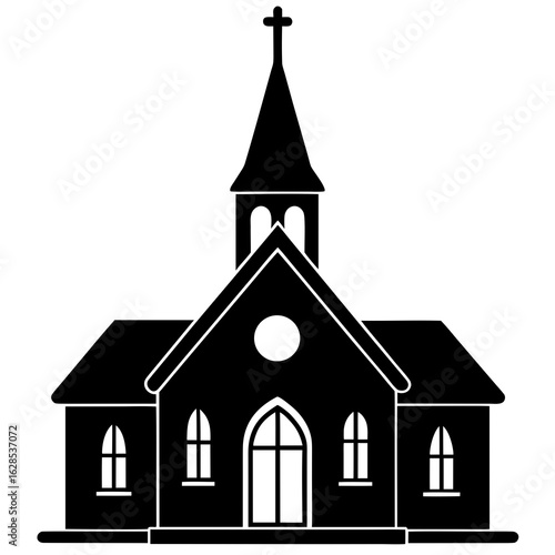 Black church silhouette with steeple and cross white