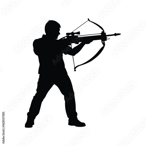 Silhouette of a man aiming a crossbow with scope for target practice