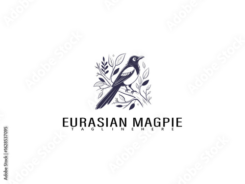 Whimsical Eurasian Magpie resting on a leafy branch in cartoon style, ideal for romantic gift card art, wildlife-themed branding, or nature illustrations for kids.

