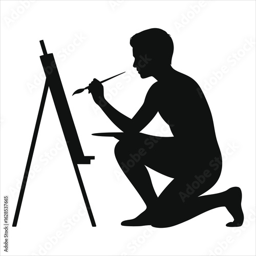 Artist silhouette painting on canvas at an easel. Vector illustration of a painter with brush and palette. Concept of creativity, hobby, and artistic inspiration. Black and white graphic.