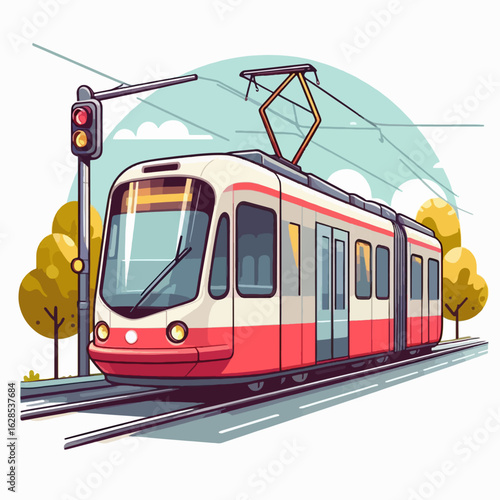 Colorful artistic illustration of a tram at a stop, showcasing an urban scene with trees and a light.