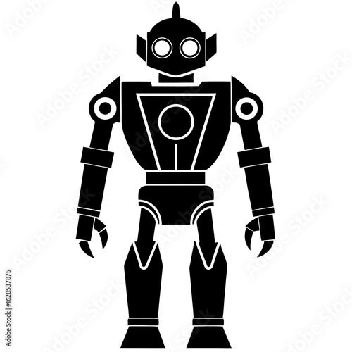 Black robot silhouette with circular eyes and pincers