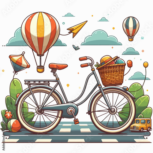 Charming, cartoon-style illustration depicts a bicycle surrounded by colorful hot air balloons, paper airplanes, and playful items, set against a light background.