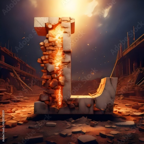 3D alphabet characters made of bricks, apocalyptic fiery background