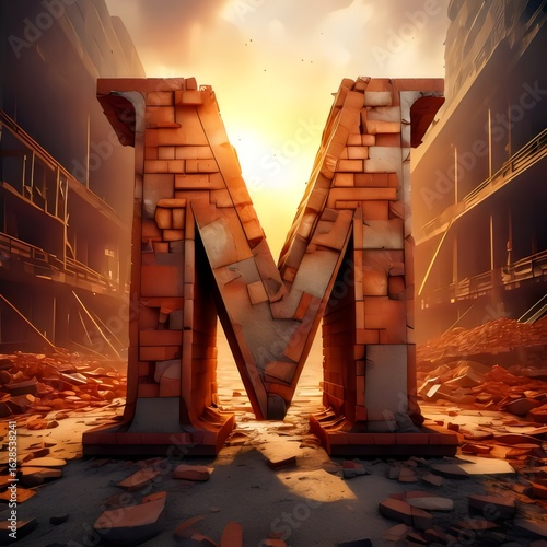3D alphabet characters made of bricks, apocalyptic fiery background
