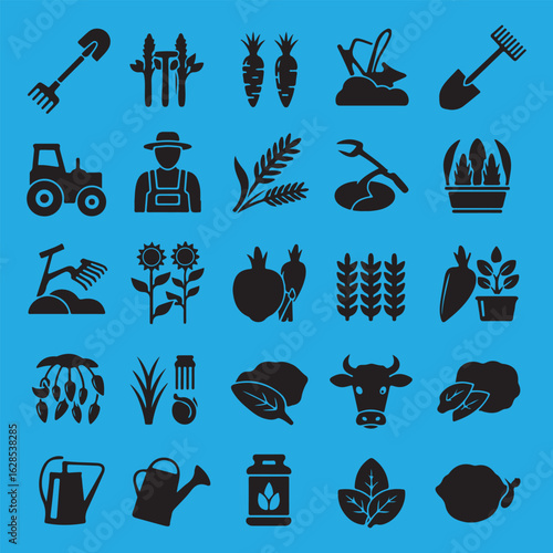 Silhouette Vector Collection of Farming and Agricultural Elements Icons Set in Black and White Agriculture Concept Illustration
