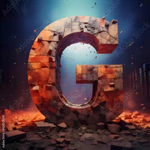 3D alphabet characters made of bricks, apocalyptic fiery background