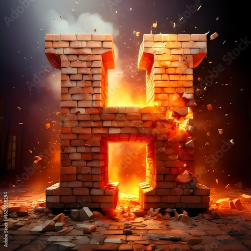 3D alphabet characters made of bricks, apocalyptic fiery background