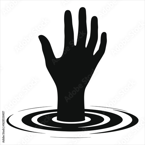 Silhouette of Hand Reaching Out of Water, Drowning, Help, Rescue, Emergency, Distress Signal, Survival, Crisis, Save Life, Black and White Isolated Illustration, Danger, SOS, Need Assistance

