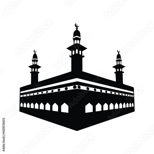 Black and white silhouette of the Holy Kaaba in Mecca, Saudi Arabia