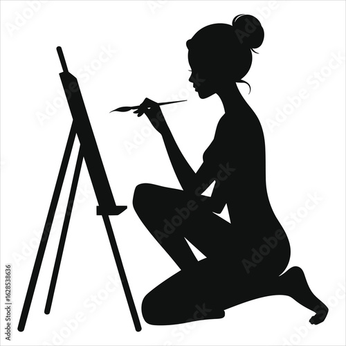 Silhouette of Woman Artist Painting on Canvas, Creative Female Drawing at Easel, Art Studio, Inspiration, Creativity, Painter, Artistic Expression, Black and White Isolated Illustration