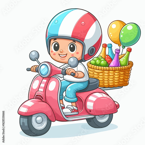 Cartoon depiction of a child happily riding a pink scooter, carrying a picnic basket filled with food and drink, and balloons.
