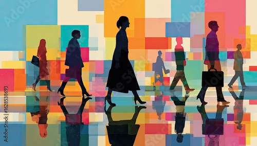 Silhouettes of people walking, reflected on a vibrant colorful geometric background