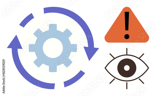 Gear with rotating arrows, triangular warning sign, and open eye suggest monitoring, risk management, and attention. Ideal for process optimization, safety, awareness, oversight system control