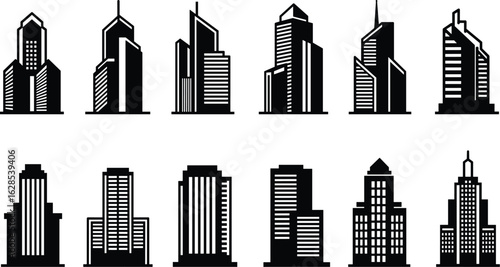 Modern Skyline Cityscape Buildings Icons: A Collection of Skyscraper and Office Building Silhouettes for Urban, Real Estate, and Corporate Design

.