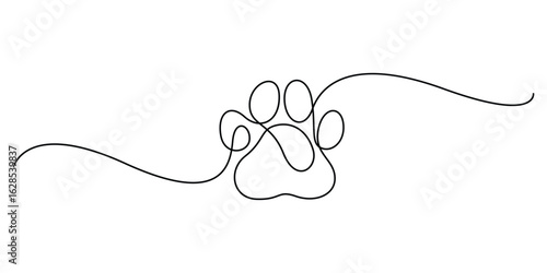Continuous one line drawing of a cat paw print, Single line drawing of a dog paw print in minimalist outline vector illustration
