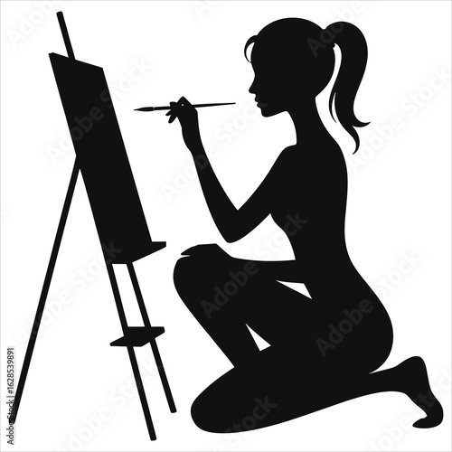 Silhouette of Female Artist Kneeling at Easel Holding Paintbrush and Palette Vector Illustration – Minimalist Black and White Creative Design for Art Studio, DIY Projects, Logo, Branding, Decoration