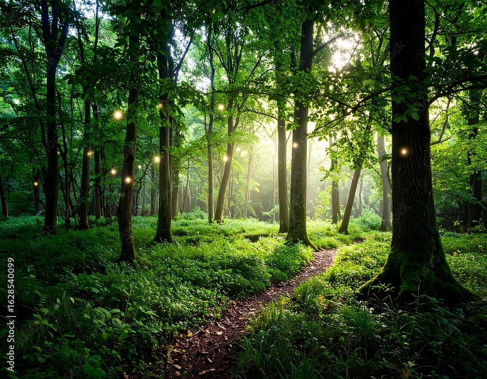 Obraz premium Sunlit path through a dense forest