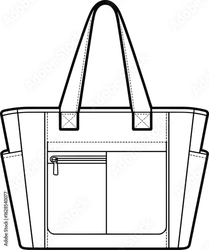 ad drawing flat vector illustration, tote bag design, fashion accessory sketch, technical handbag outline, stylish carryall blueprint, modern purse graphic