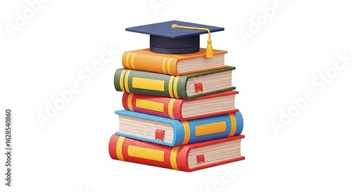 A stack of colorful books with a graduation cap on top against a white background in a cartoon style