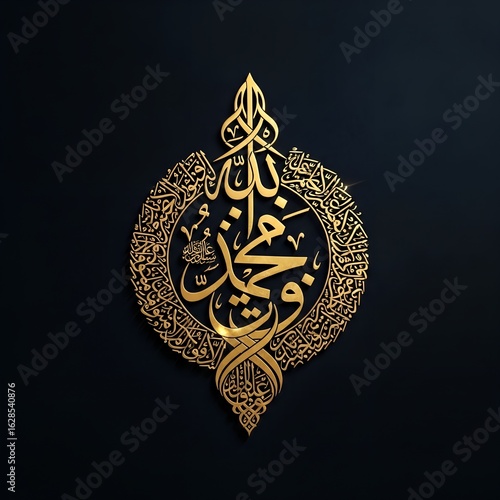 Elegant golden islamic calligraphy of allah on black background, religious art