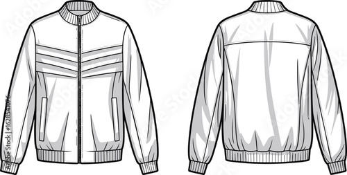 Cad drawing flat vector illustration, front and back view jacket template, fashion design sketch, outerwear technical garment, clothing layout