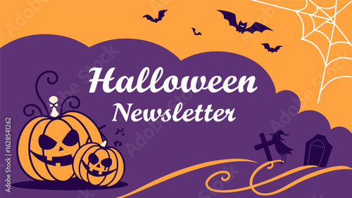 Halloween newsletter design featuring pumpkins bats spiderweb and spooky graveyard elements in orange and purple